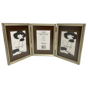 Vintage Tri-Fold 3 Picture Frame Ornate Gold Tone Hinged Metal Triple 5 X 7  NOS
